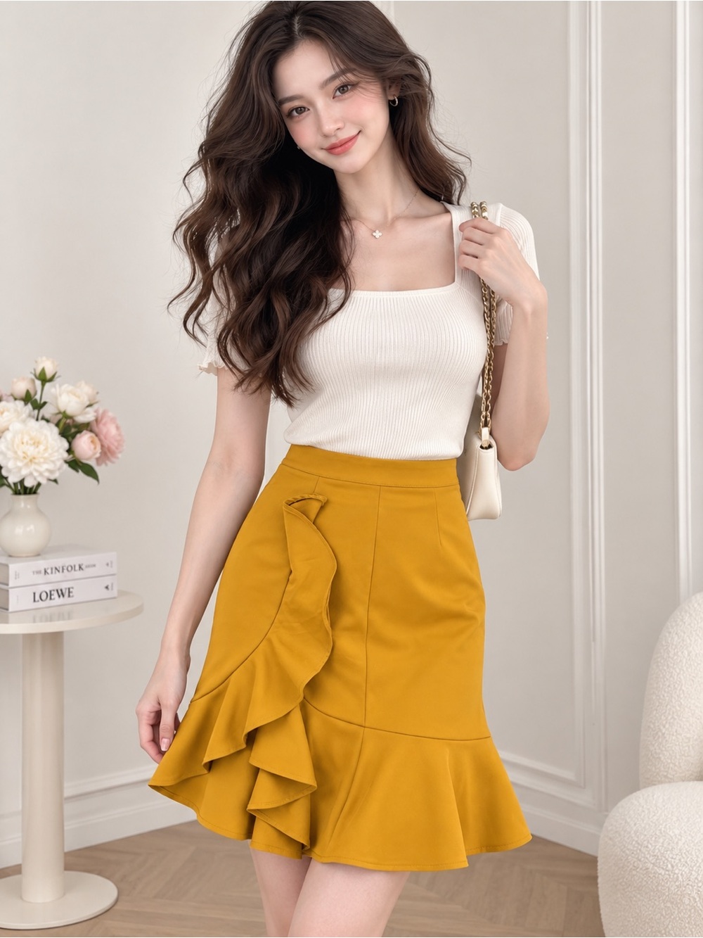 Mustard Ruffle Mermaid Midi Skirt • Asymmetrical Flounce Hem • High Waist • NWT